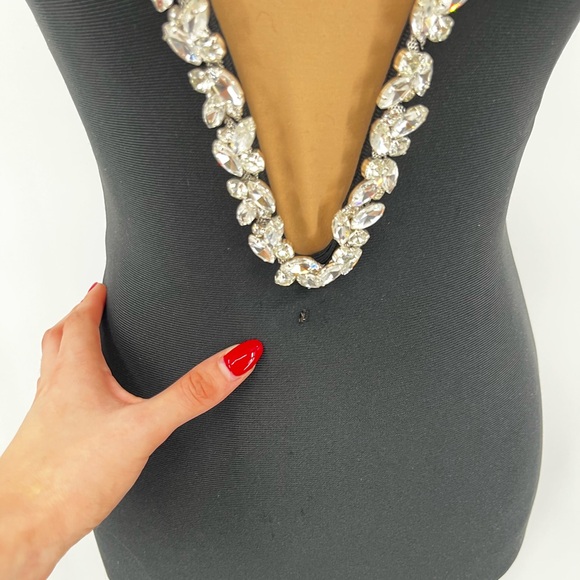 Black rhinestone strapless plunge bandage midi dress XS glam night out birthday - Picture 14 of 16